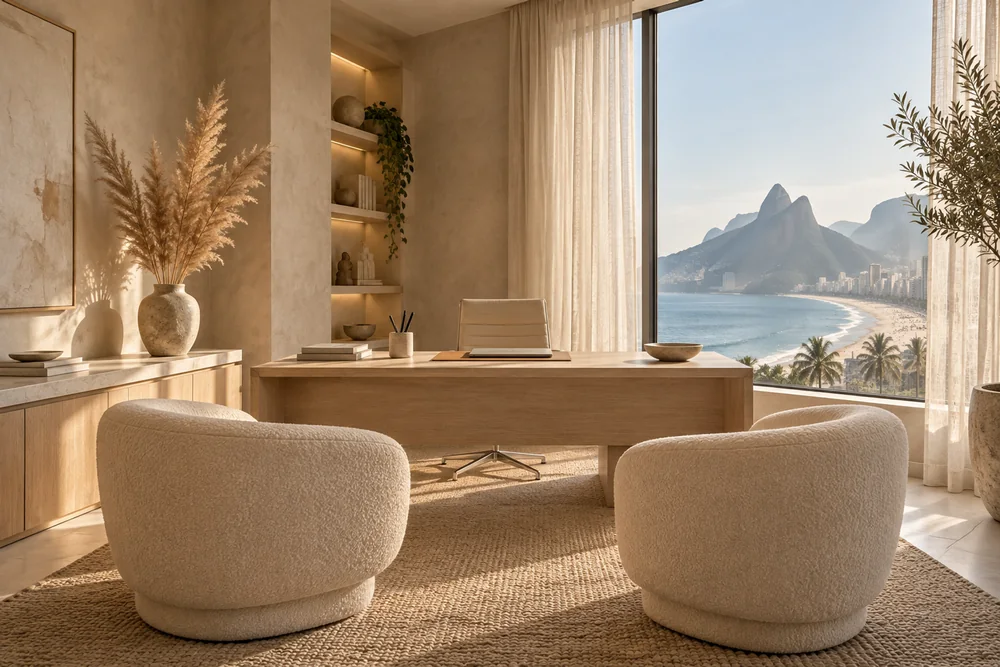Consultório no Leblon, com luz natural e mobiliário em tons claros.